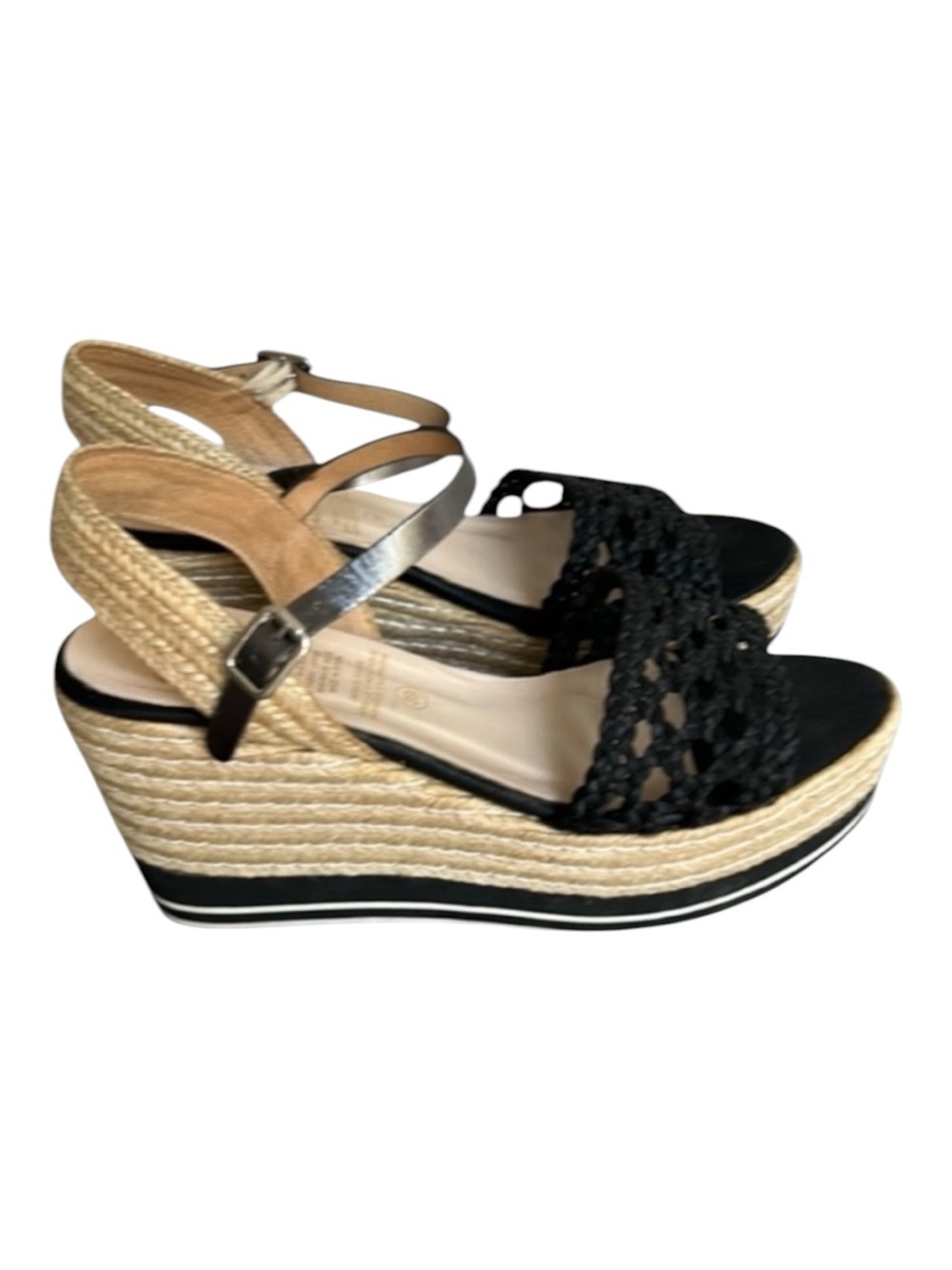Kanna Black Braided Espadrille Platform Wedge Sandals Size 39